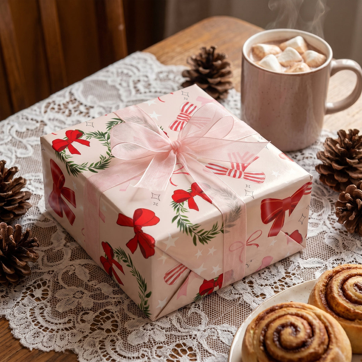 Gift wrapped in Pink Bows & Wreaths paper, tied with a sheer pink bow, next to hot cocoa and cinnamon rolls