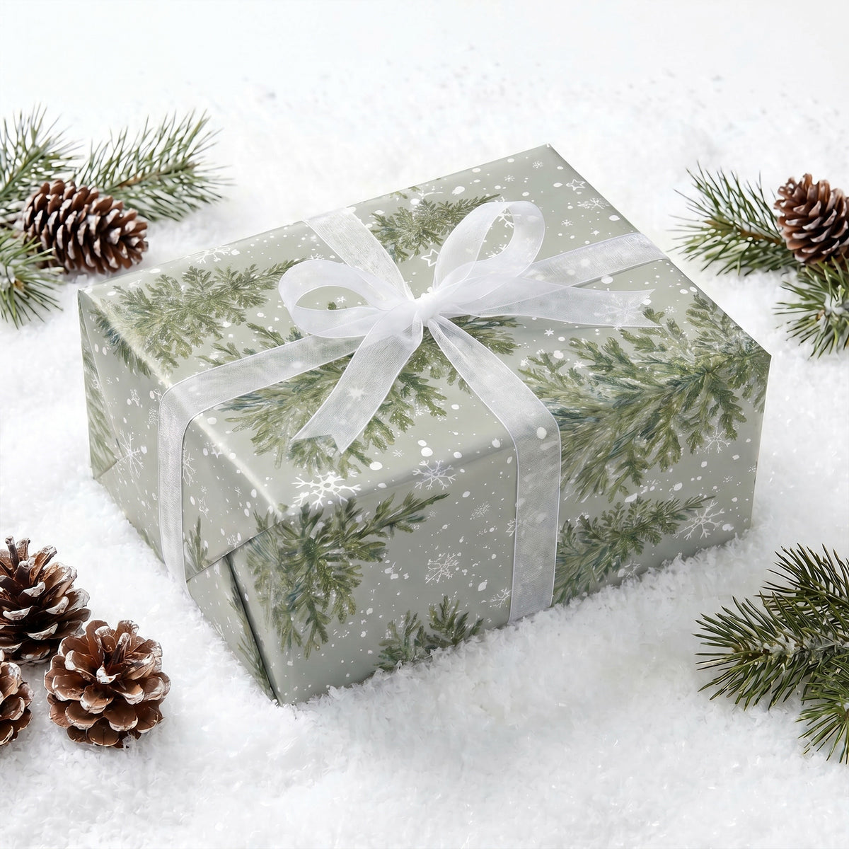 Gift wrapped in Sage Pine Trees paper with a white sheer bow, on snow with pinecones