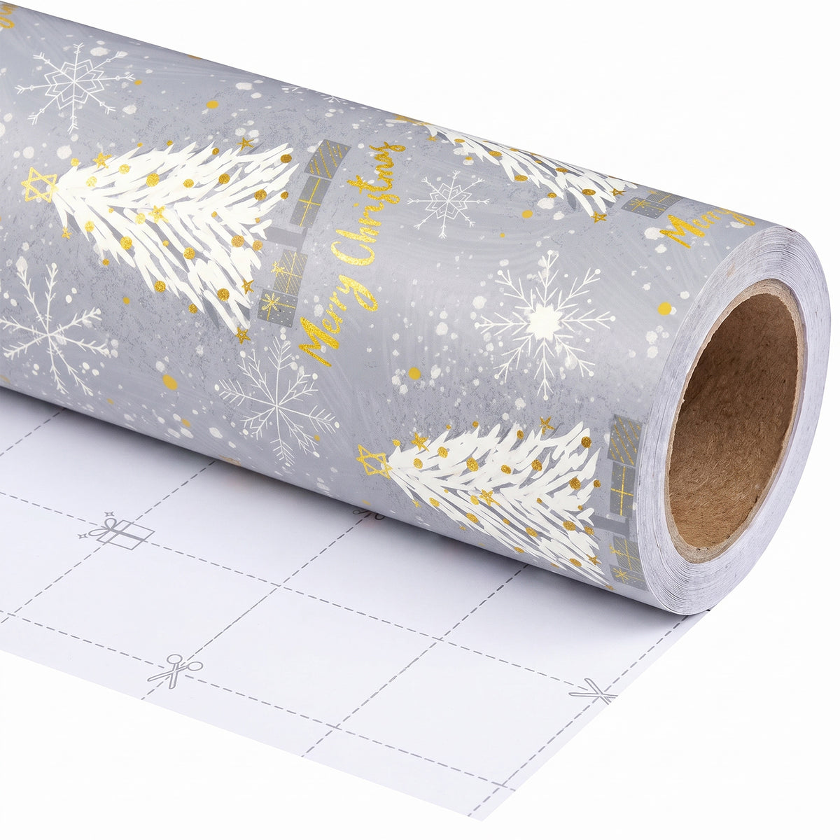 Silver & Gold Trees wrapping paper roll, unrolled to show the white back with cut lines
