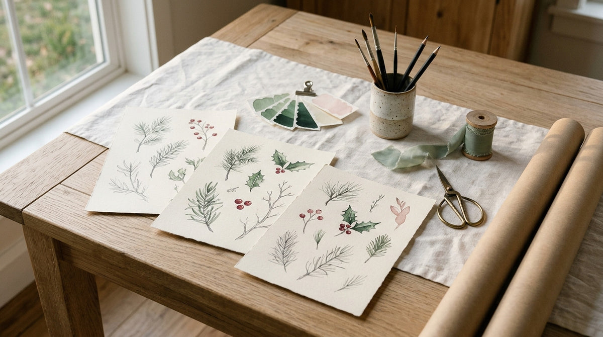 Botanical sketches of pine, holly and berries with green color swatches, paintbrushes, ribbon and kraft paper rolls on a linen-covered worktable
