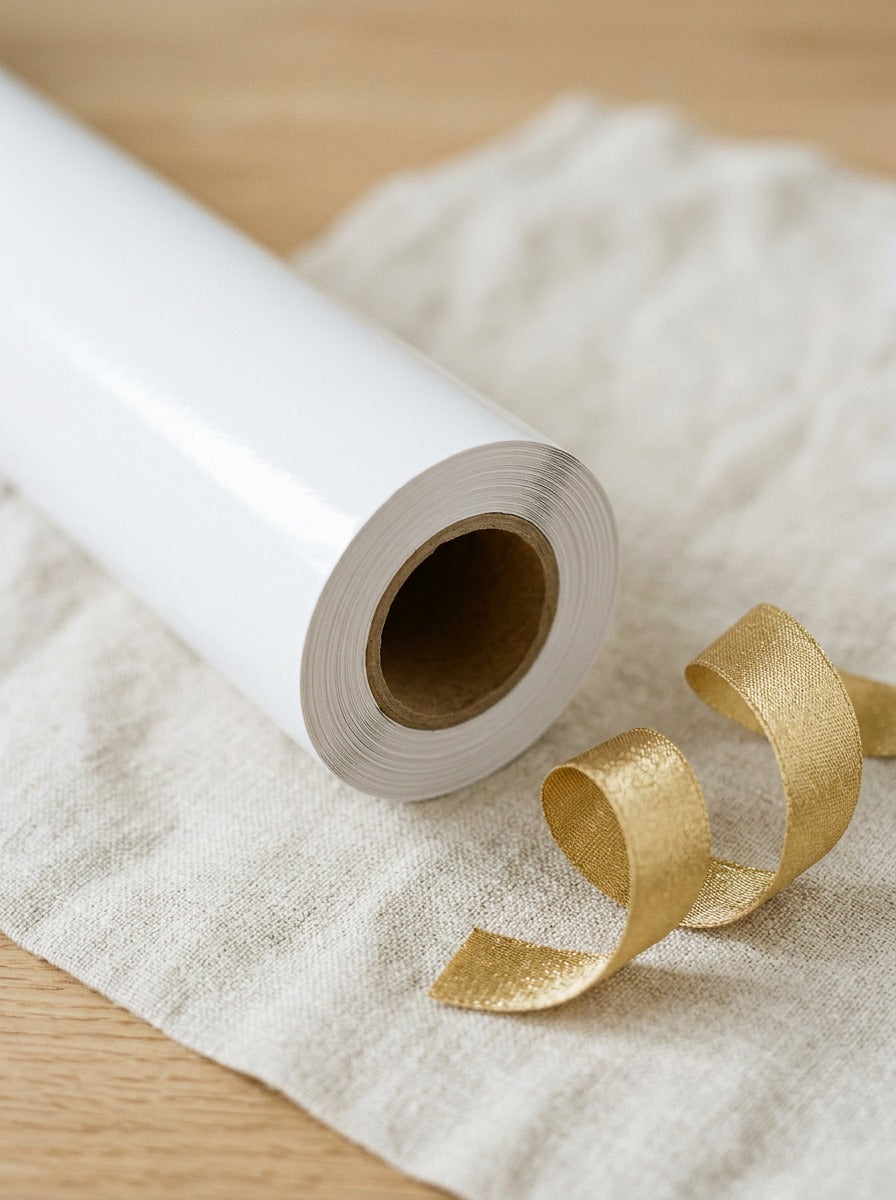 A roll of glossy white paper with a kraft core and a curl of gold ribbon on linen