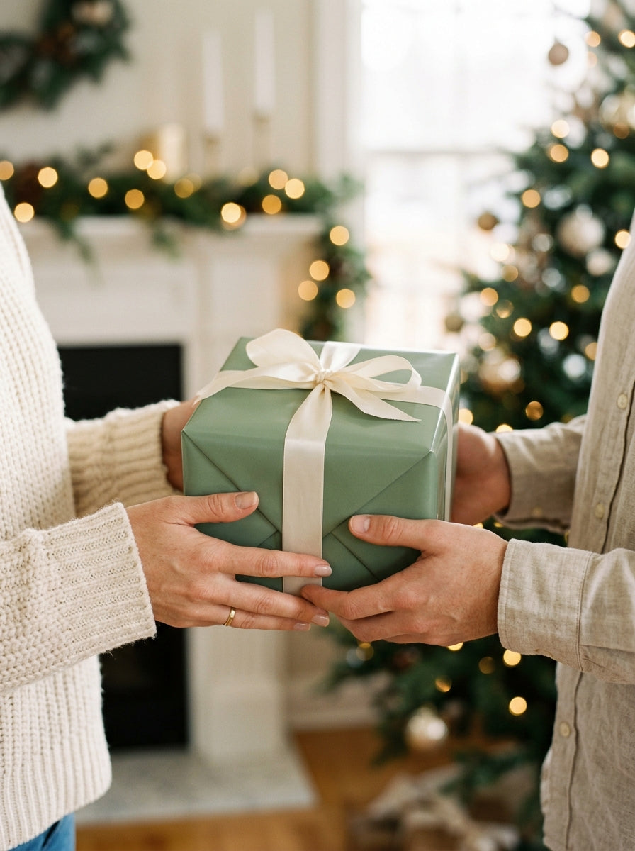 Two people passing a sage green gift box tied with a cream ribbon, a lit Christmas tree behind them