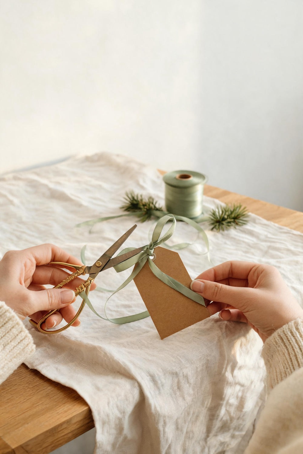 Hands tying a sage ribbon to a kraft gift tag on a linen-covered table
