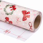 Pink Bows & Wreaths wrapping paper roll, unrolled to show the white back with cut lines