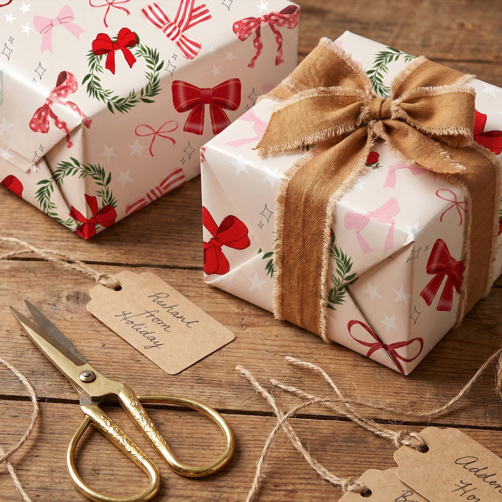 Gifts wrapped in Pink Bows & Wreaths paper, one with a burlap bow, beside scissors and kraft gift tags