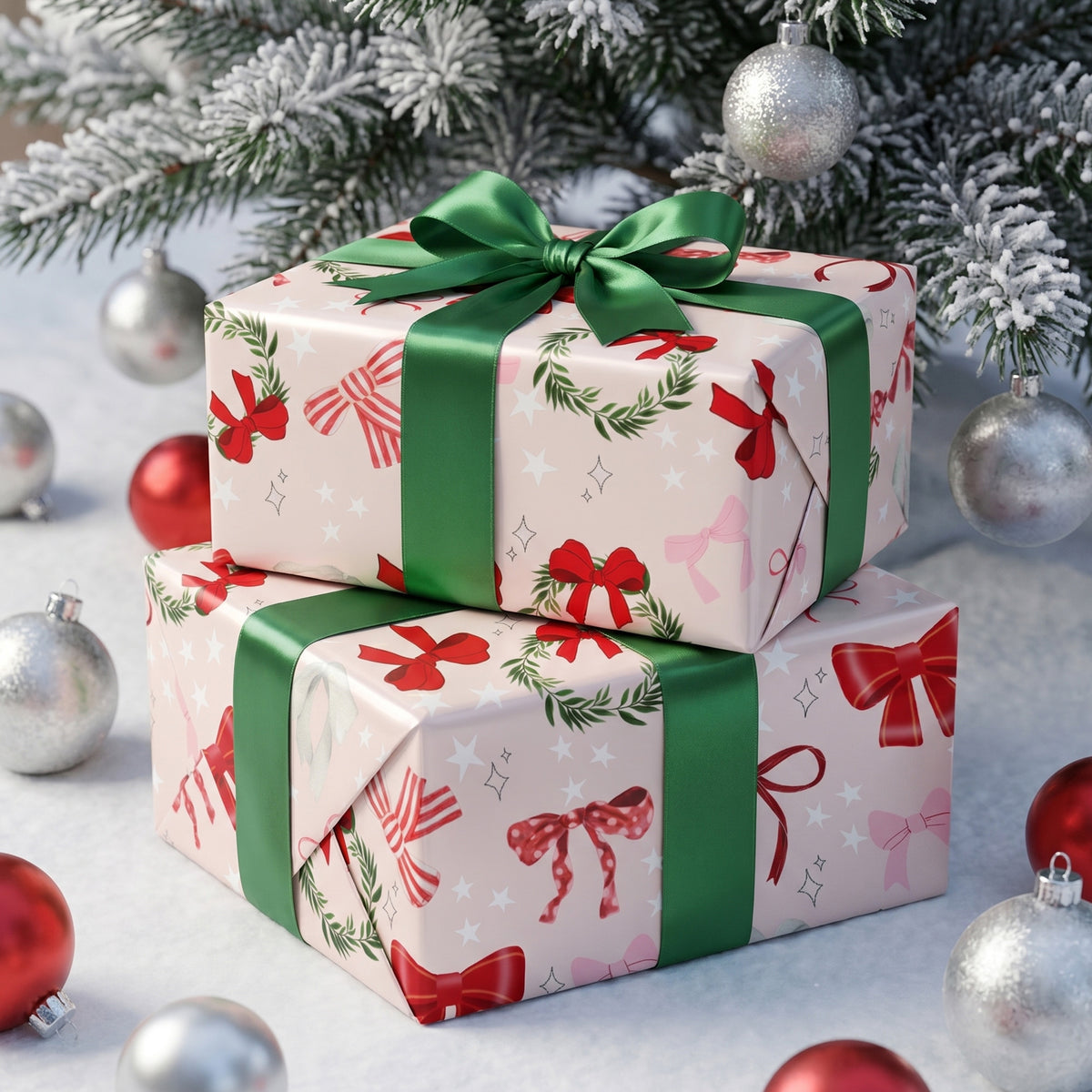 Two stacked gifts wrapped in Pink Bows & Wreaths paper with green ribbon, among silver and red ornaments