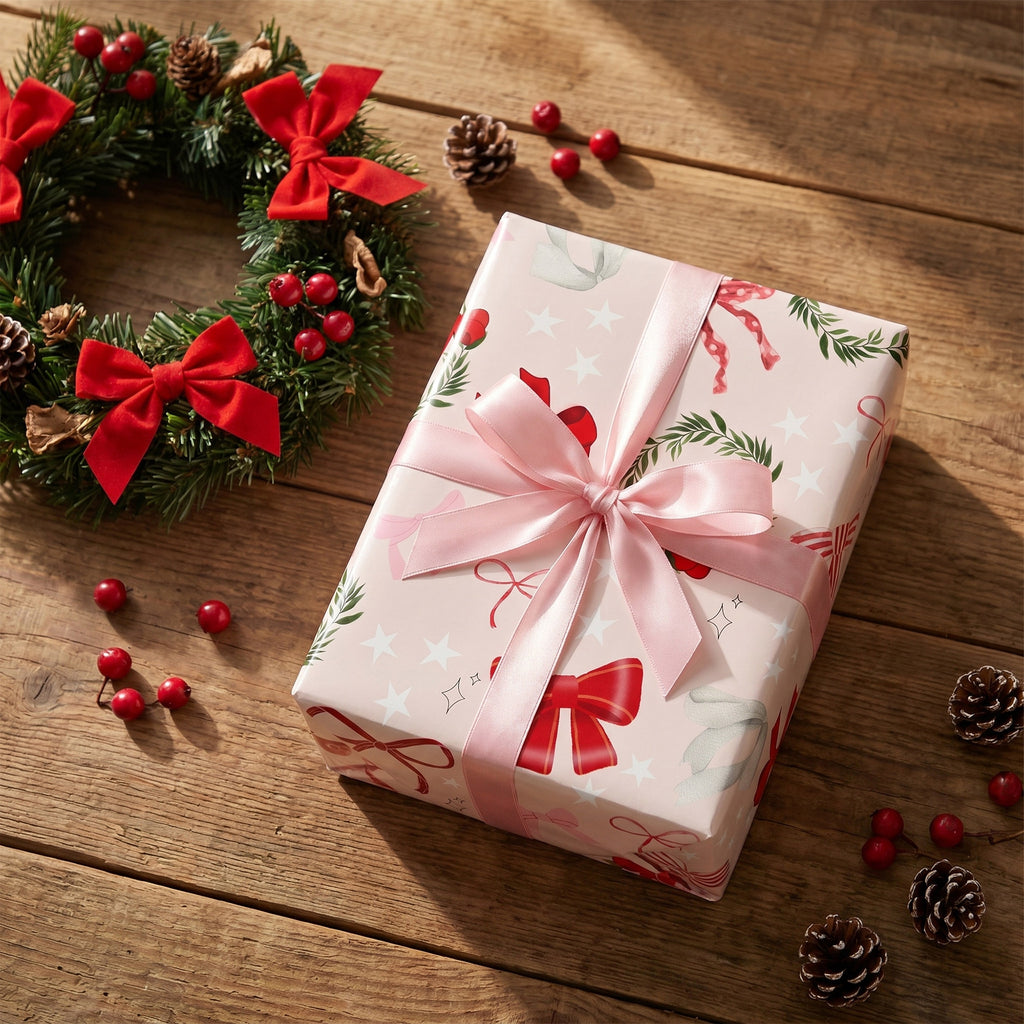 Gift wrapped in Pink Bows & Wreaths paper with a pink satin bow, beside a wreath on a wooden table