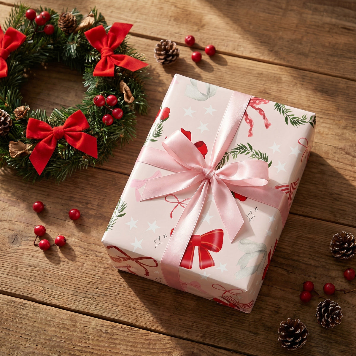 Gift wrapped in Pink Bows & Wreaths paper with a pink satin bow, beside a wreath on a wooden table