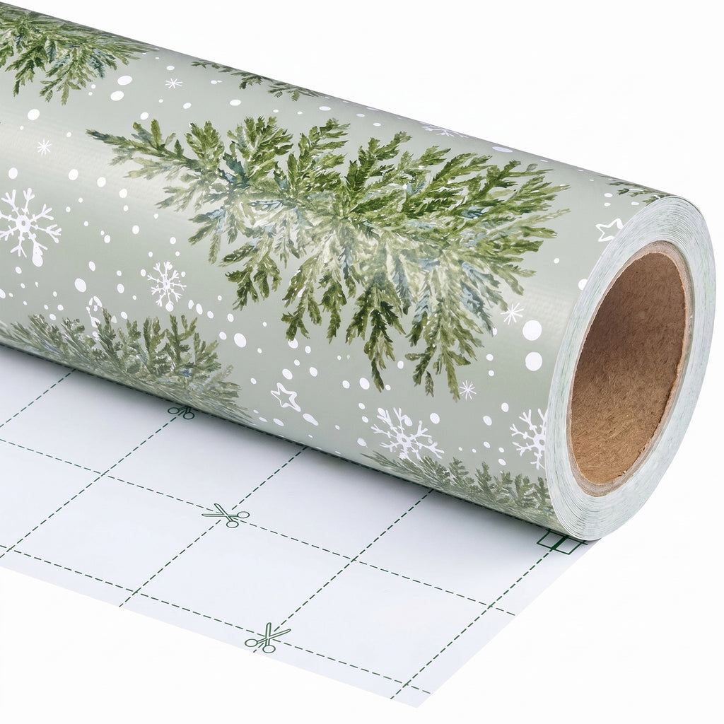 Sage Pine Trees wrapping paper roll, unrolled to show the white back with cut lines