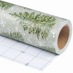 Sage Pine Trees wrapping paper roll, unrolled to show the white back with cut lines