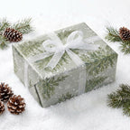 Gift wrapped in Sage Pine Trees paper with a white sheer bow, on snow with pinecones