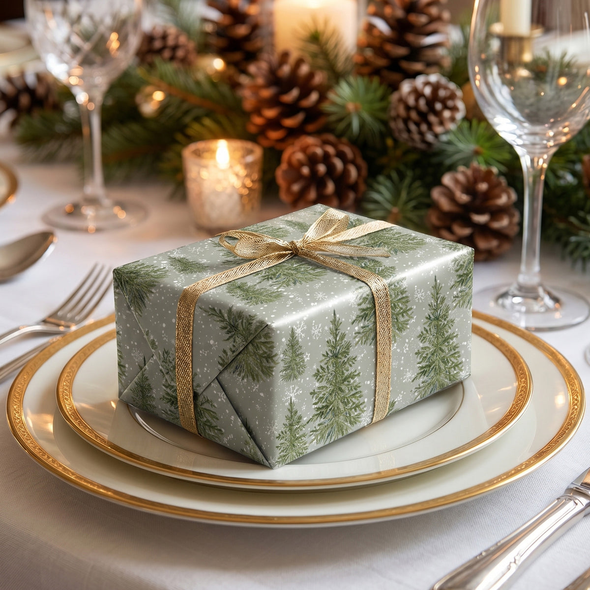 Gift wrapped in Sage Pine Trees paper with gold ribbon, on a dinner plate at a festive table