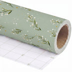 Sage Greenery wrapping paper roll, unrolled to show the white back with cut lines