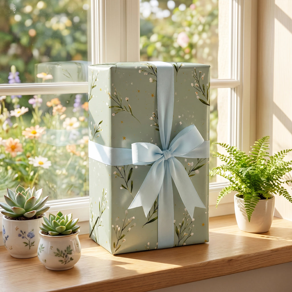 Gift wrapped in Sage Greenery paper with a pale blue bow, on a sunny windowsill