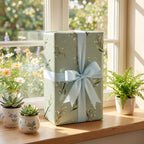Gift wrapped in Sage Greenery paper with a pale blue bow, on a sunny windowsill