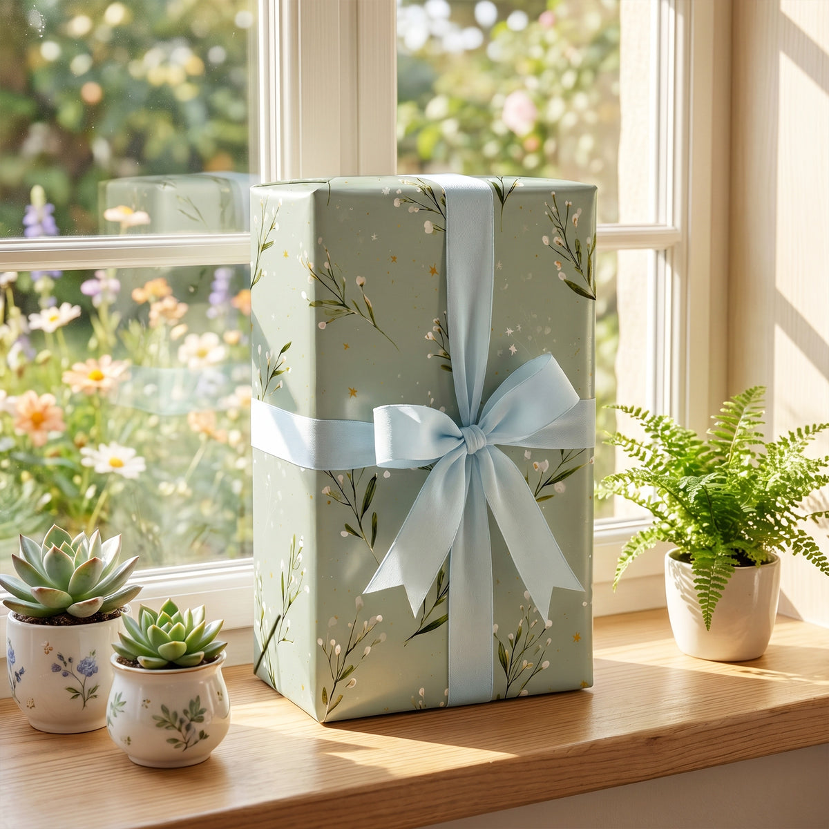 Gift wrapped in Sage Greenery paper with a pale blue bow, on a sunny windowsill