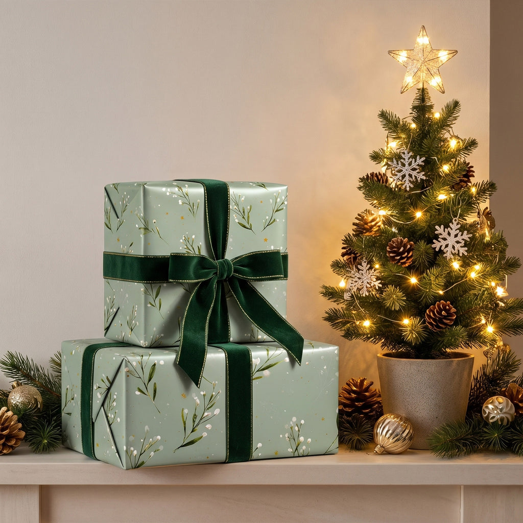 Two stacked gifts wrapped in Sage Greenery paper with dark green velvet ribbon, beside a small lit tree
