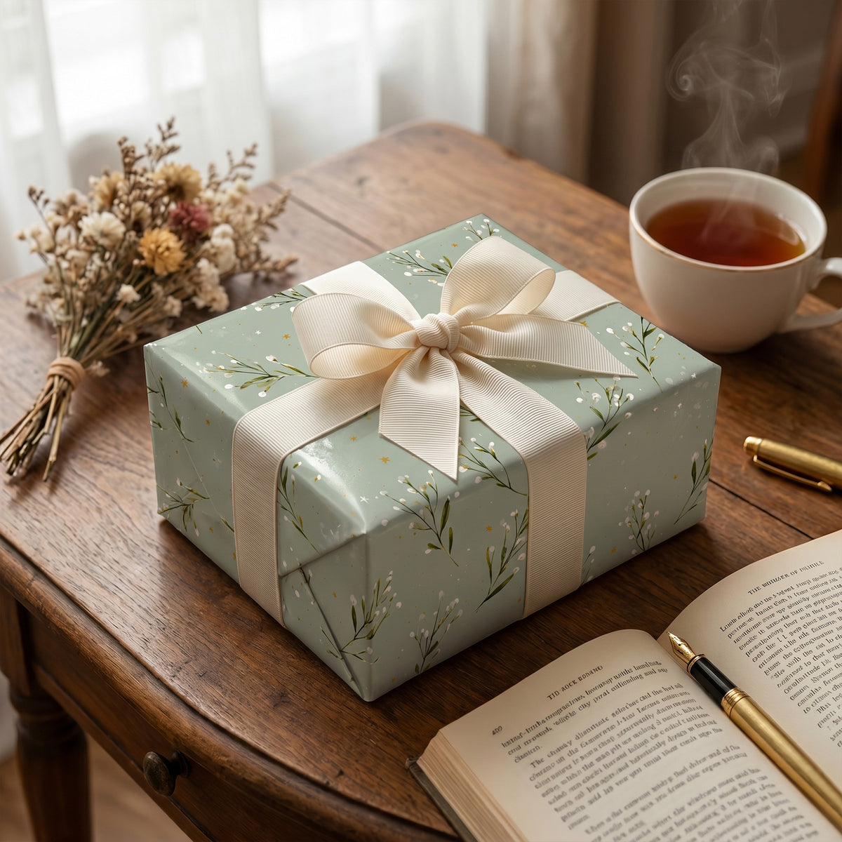 Gift wrapped in Sage Greenery paper with a cream bow, next to a cup of tea and an open book
