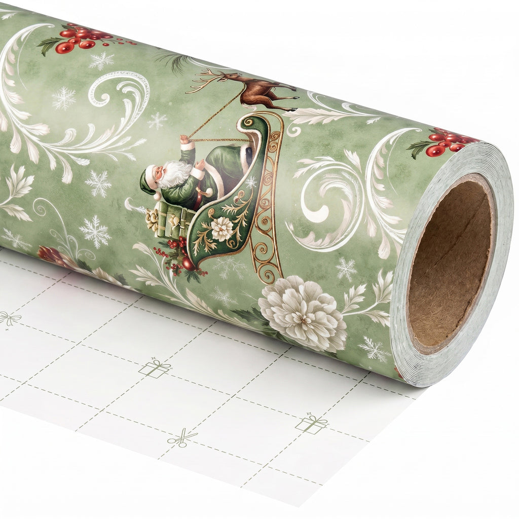 Vintage Santa wrapping paper roll, unrolled to show the white back with cut lines