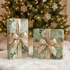Two gifts wrapped in Vintage Santa paper with champagne bows, under a lit Christmas tree