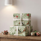 Two stacked gifts wrapped in Vintage Santa paper with white ribbon, on a wooden shelf