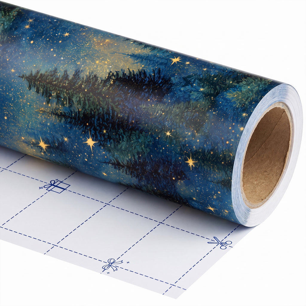 Starry Night Forest wrapping paper roll, unrolled to show the white back with cut lines