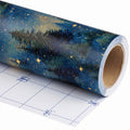 Starry Night Forest wrapping paper roll, unrolled to show the white back with cut lines