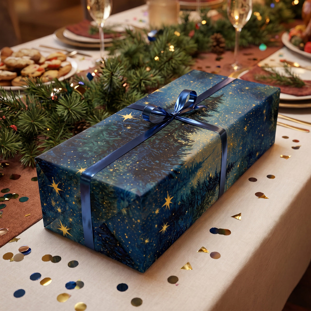 Gift wrapped in Starry Night Forest paper with a navy ribbon, on a holiday dinner table