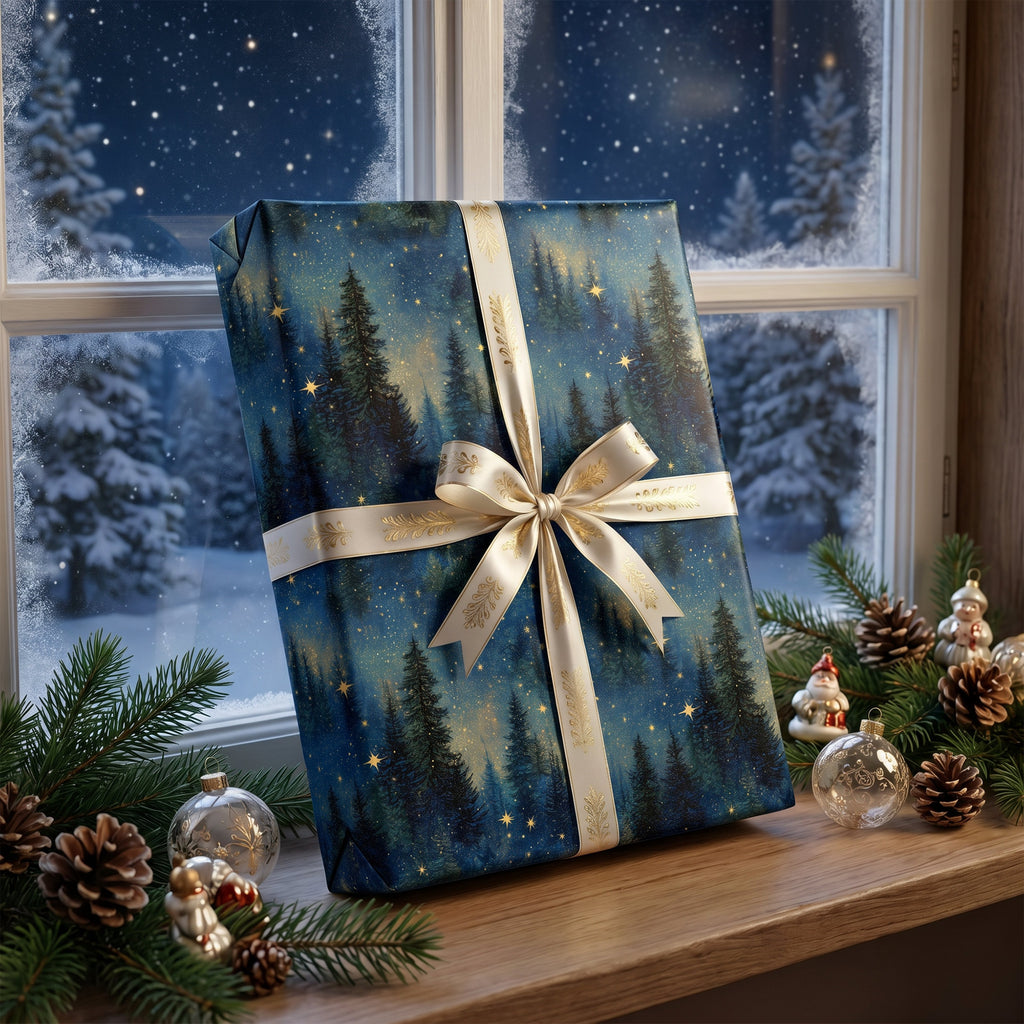 Gift wrapped in Starry Night Forest paper with a cream bow, on a snowy windowsill
