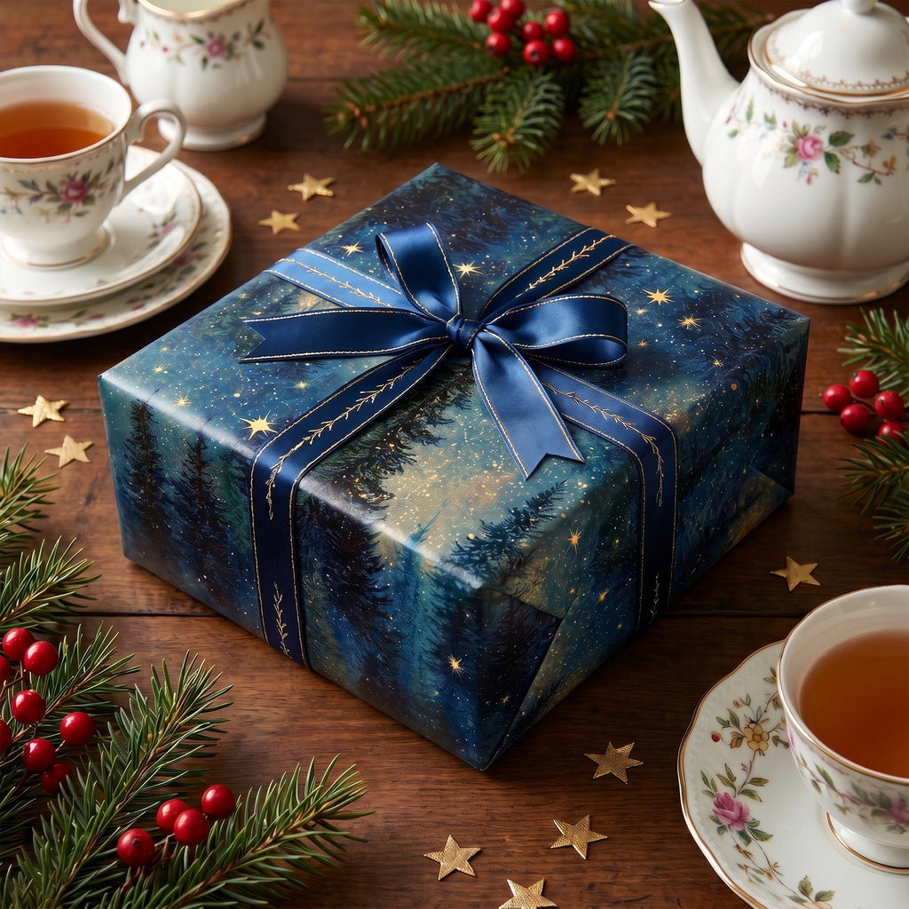 Gift wrapped in Starry Night Forest paper with a navy bow, beside a teapot and teacups