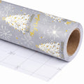 Silver & Gold Trees wrapping paper roll, unrolled to show the white back with cut lines