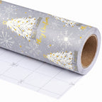 Silver & Gold Trees wrapping paper roll, unrolled to show the white back with cut lines