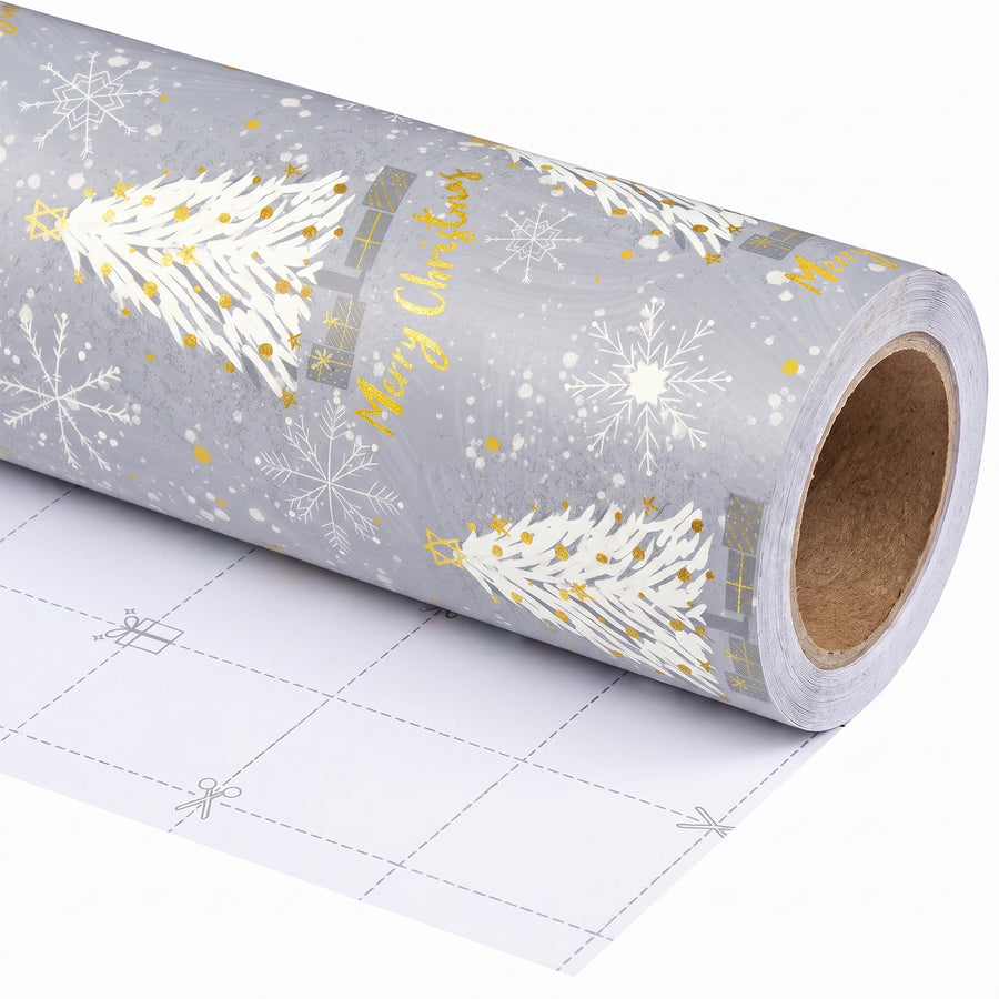 Silver & Gold Trees wrapping paper roll, unrolled to show the white back with cut lines