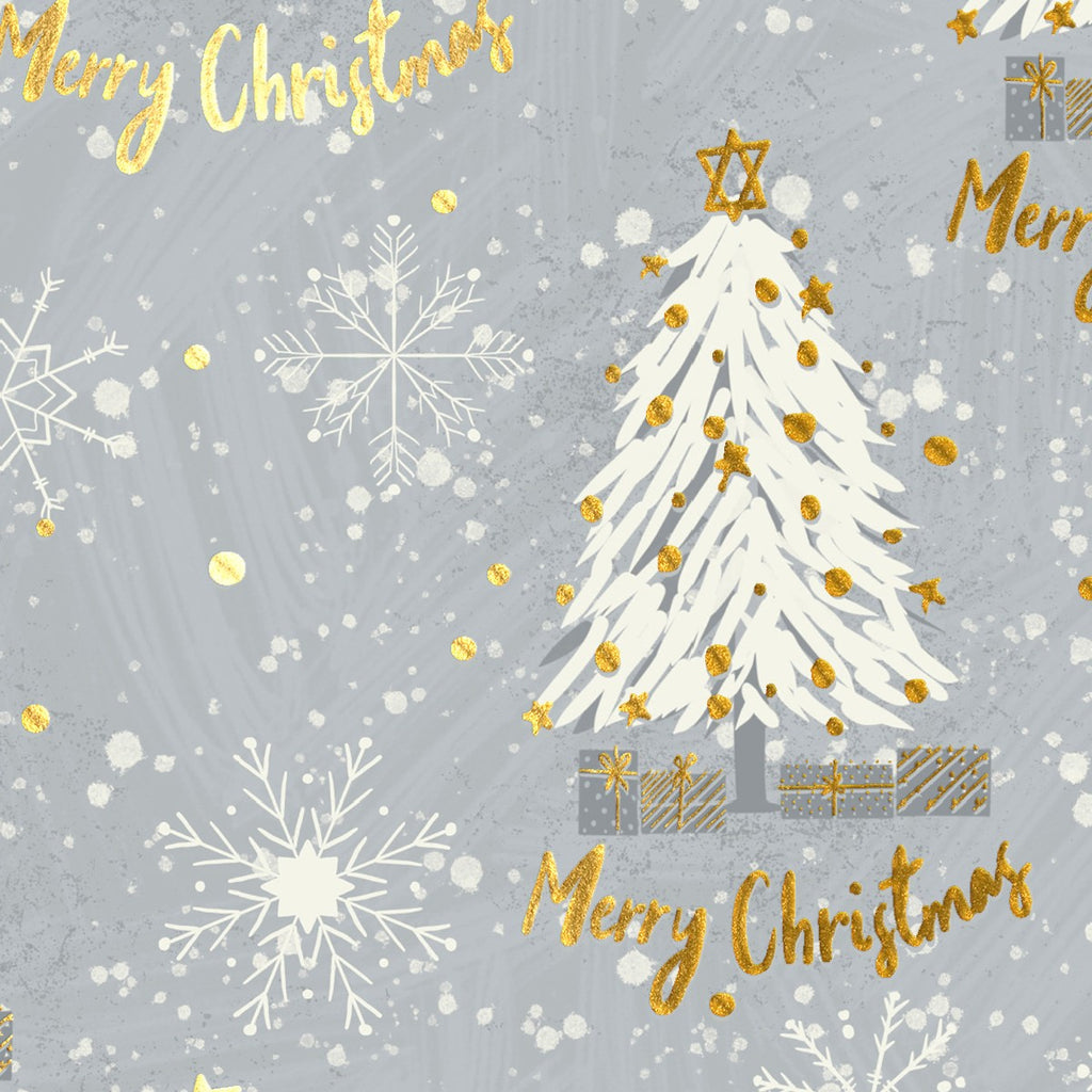 Close-up of the Silver & Gold Trees print: a white tree with gold stars above gold-foil gift boxes and Merry Christmas script
