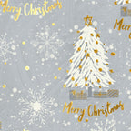 Close-up of the Silver & Gold Trees print: a white tree with gold stars above gold-foil gift boxes and Merry Christmas script