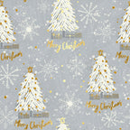 Silver & Gold Trees print: white trees with gold stars, gold-foil gift boxes and Merry Christmas script on silver grey