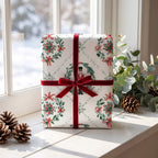 Gift wrapped in Nutcracker Wreaths paper with a burgundy velvet ribbon, on a snowy windowsill