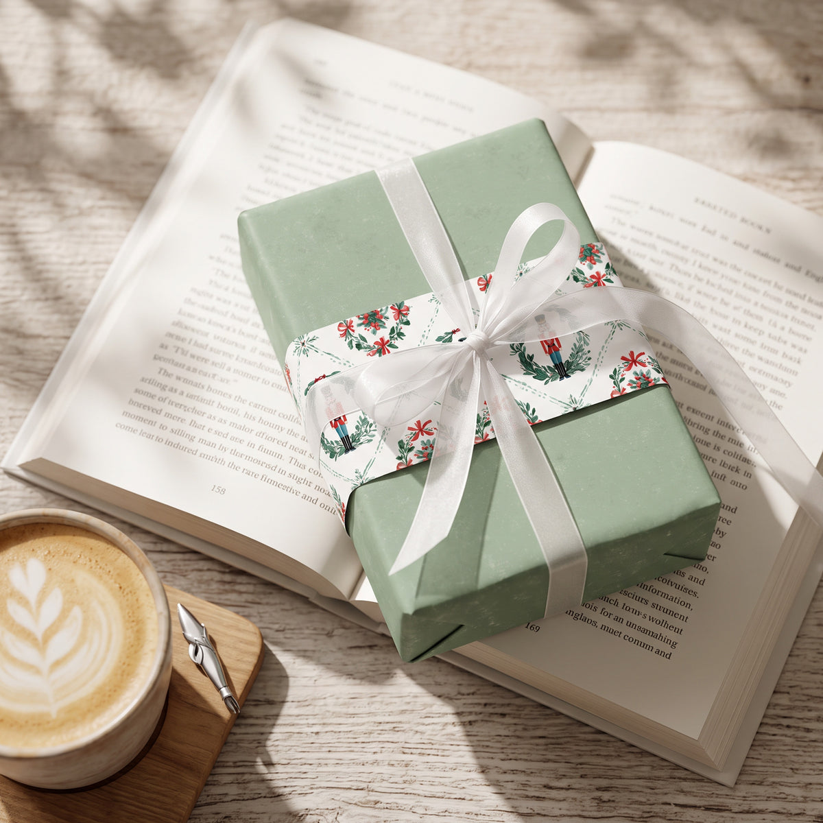 Gift wrapped in the sage green back of Nutcracker Wreaths paper, with a band of the front print and a white bow