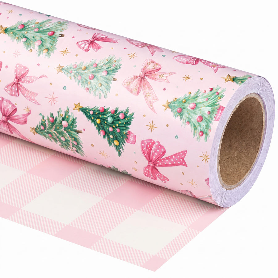 Pink Trees & Bows wrapping paper roll, unrolled to show the pink gingham back