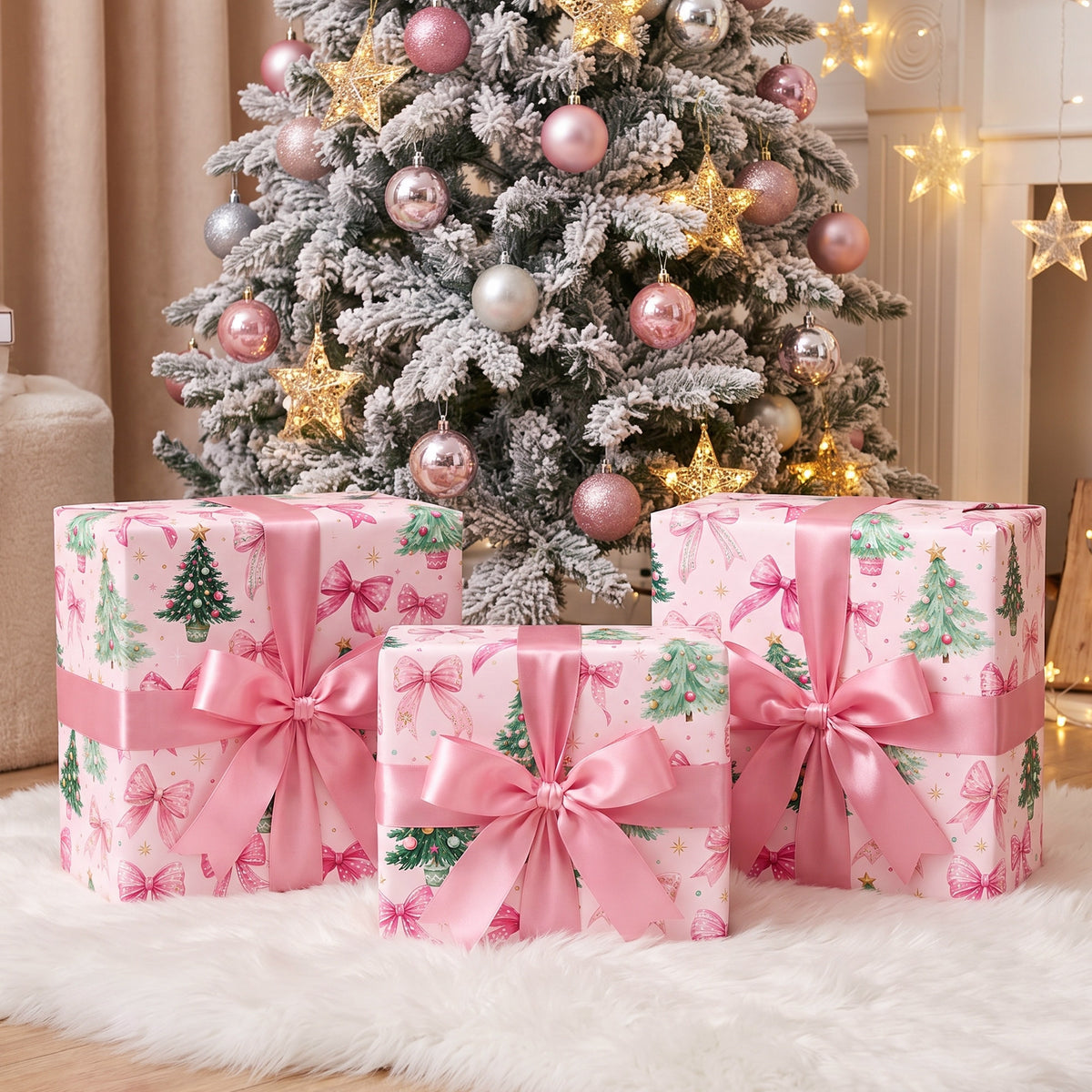 Three gifts wrapped in Pink Trees & Bows paper with pink bows, under a flocked tree with pink ornaments
