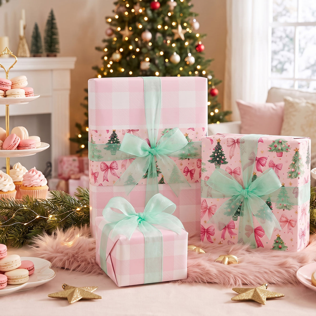Gifts wrapped in Pink Trees & Bows paper and its pink gingham back, with mint bows, by a Christmas tree