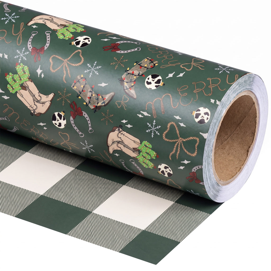 Western Christmas wrapping paper roll, unrolled to show the green and white buffalo check back