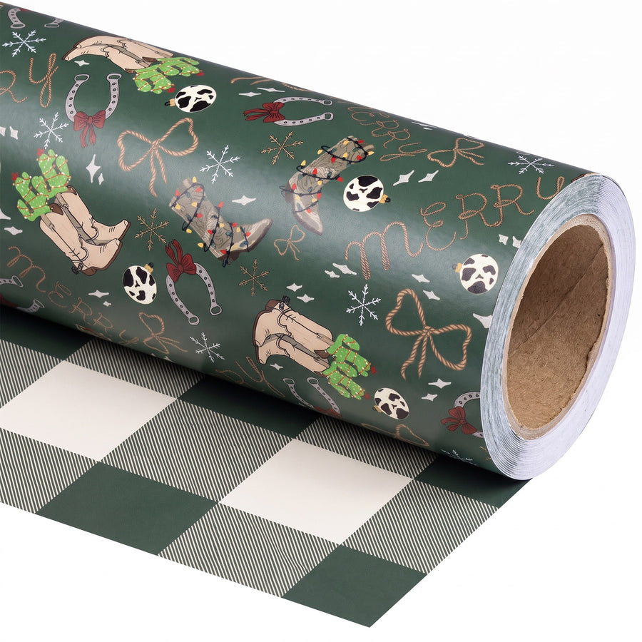 Western Christmas wrapping paper roll, unrolled to show the green and white buffalo check back