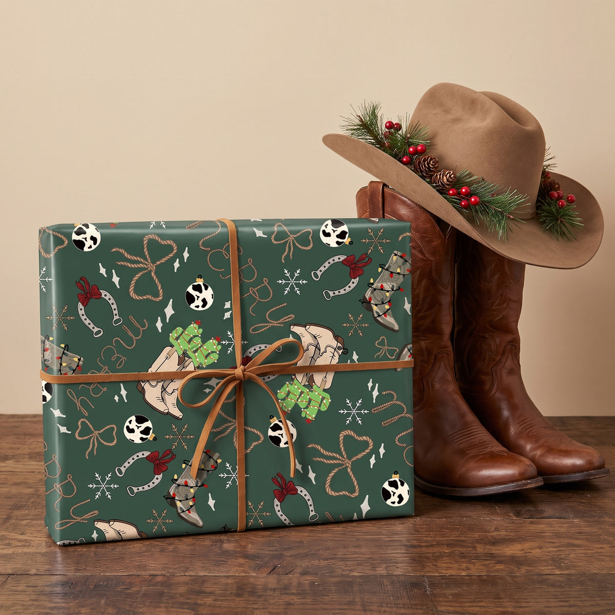 Gift wrapped in Western Christmas paper with a leather cord, beside cowboy boots and a hat