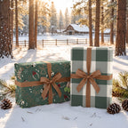 Gifts wrapped in Western Christmas paper and its buffalo check back, with tan bows, in the snow