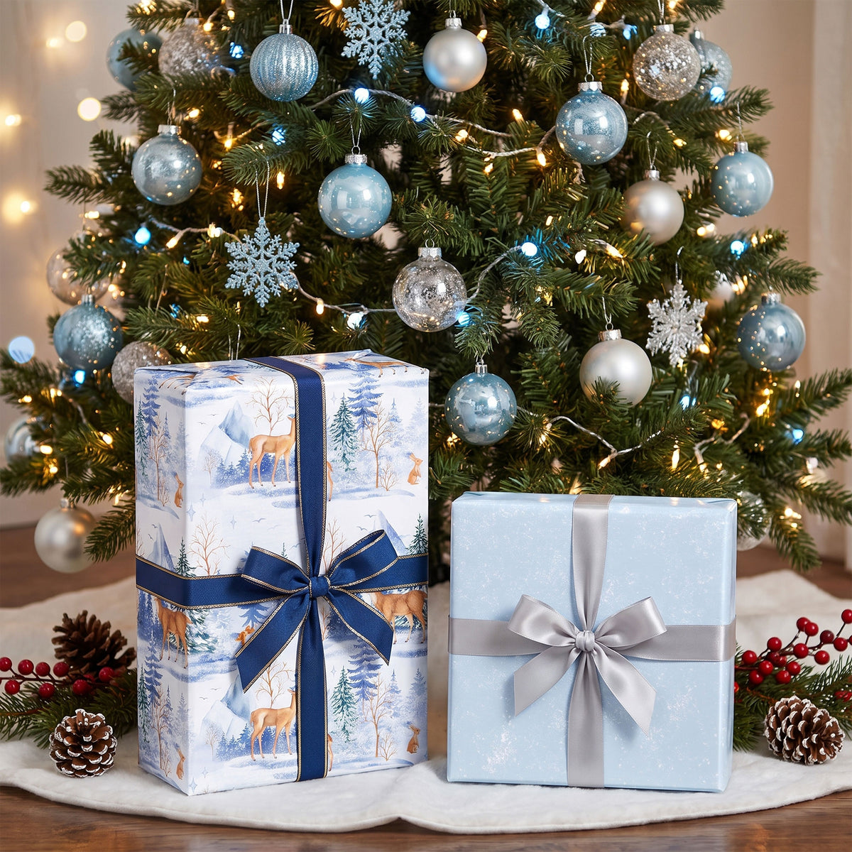 Gifts wrapped in Winter Woodland paper and its pale blue back, under a tree with blue ornaments