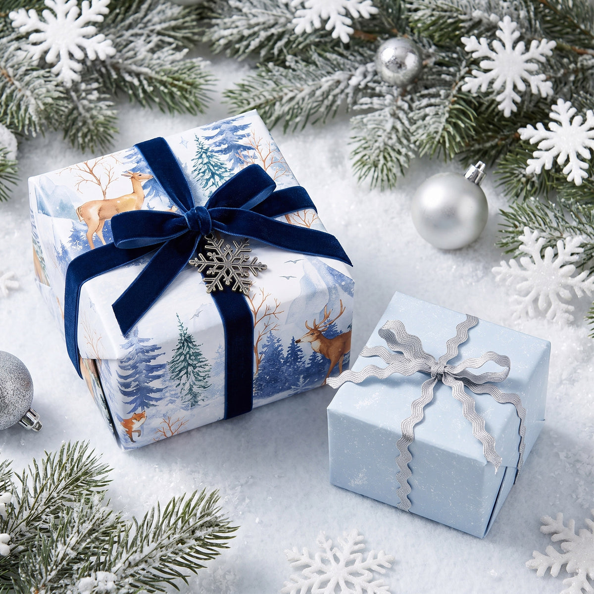 Gifts wrapped in Winter Woodland paper with a navy velvet bow and in its pale blue back, on snow