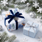 Gifts wrapped in Winter Woodland paper with a navy velvet bow and in its pale blue back, on snow