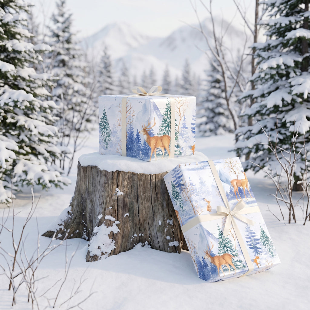 Two gifts wrapped in Winter Woodland paper, on a snowy tree stump