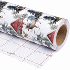 Red Barn Farmhouse wrapping paper roll, unrolled to show the white back with cut lines